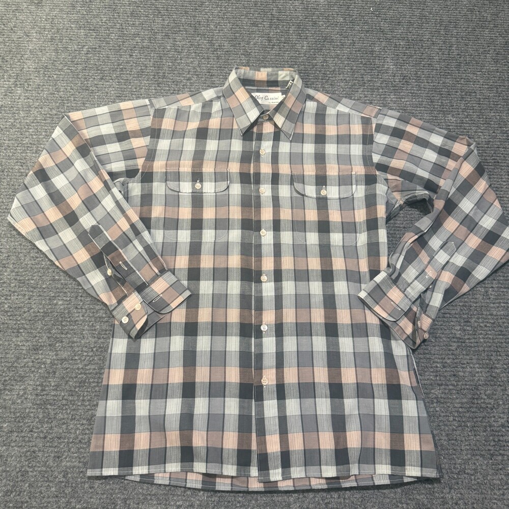 Vintage Oleg Cassini Shirt Mens Medium Gray Plaid Long Sleeve Button Up